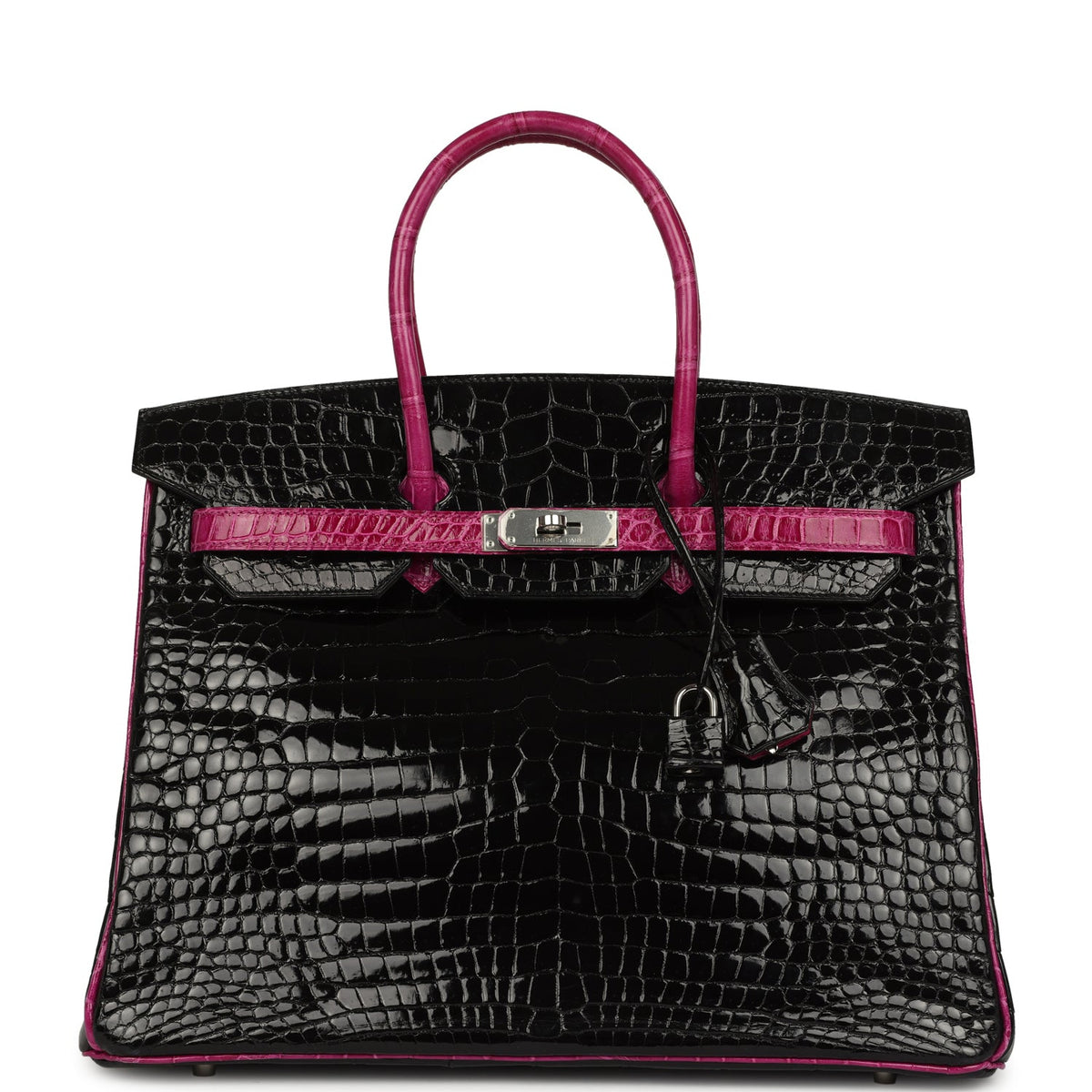 Hermes Birkin 35 Rose Pourpre and Black Shiny Porosus Crocodile Palladium Hardware