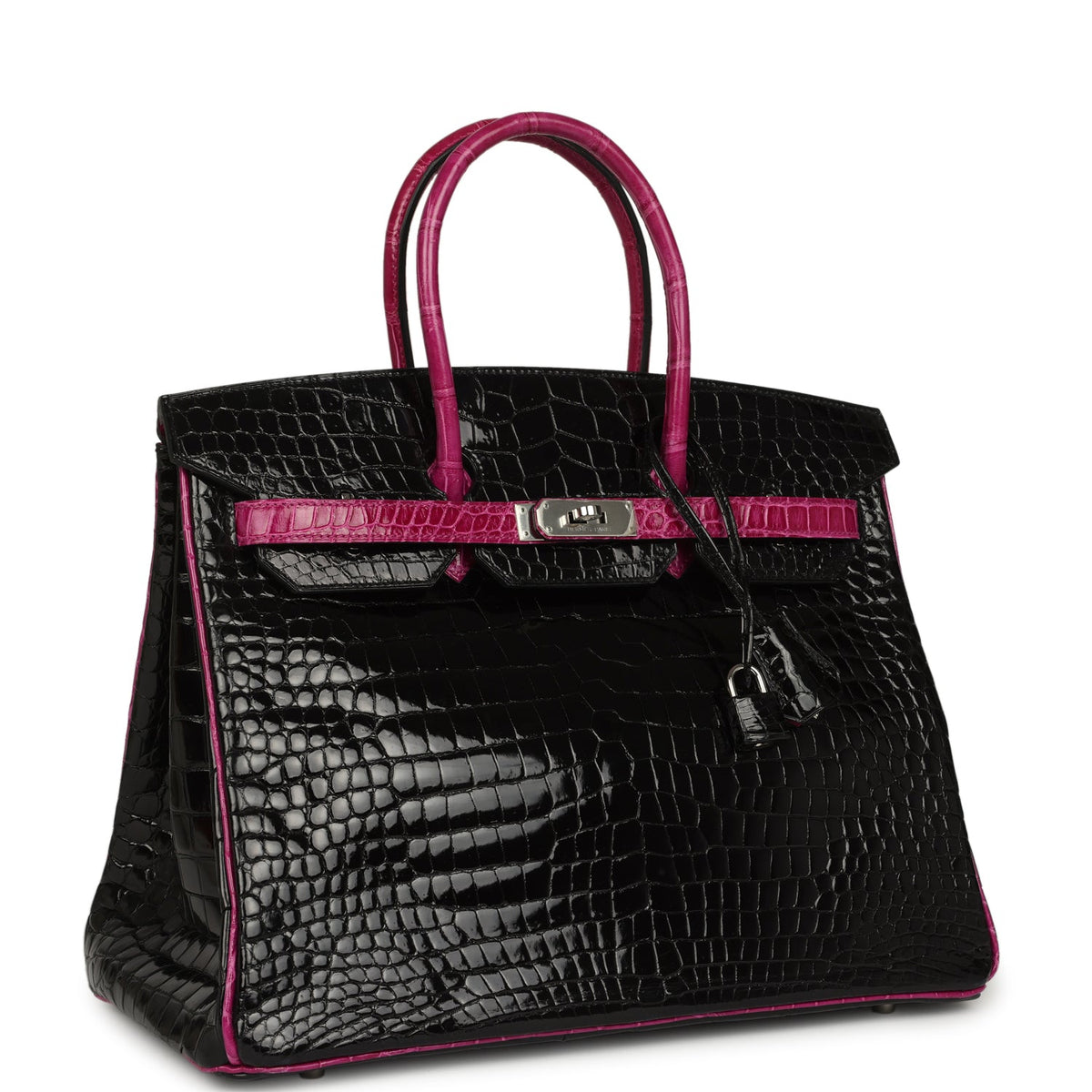 Hermes Birkin 35 Rose Pourpre and Black Shiny Porosus Crocodile Palladium Hardware