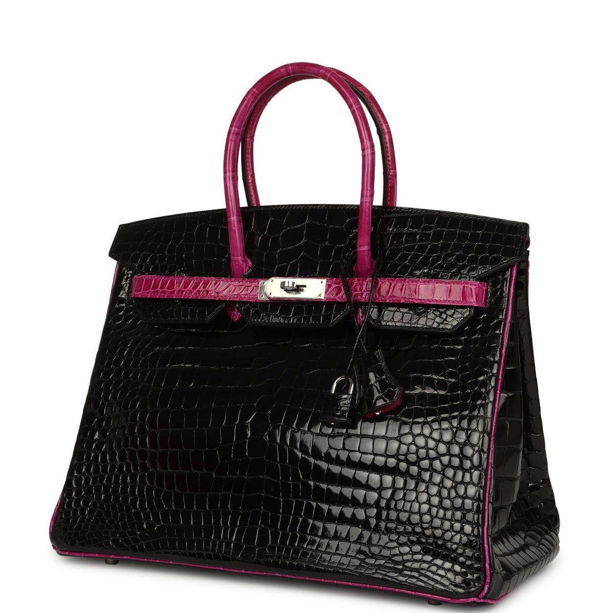 Hermes Birkin 35 Rose Pourpre and Black Shiny Porosus Crocodile Palladium Hardware