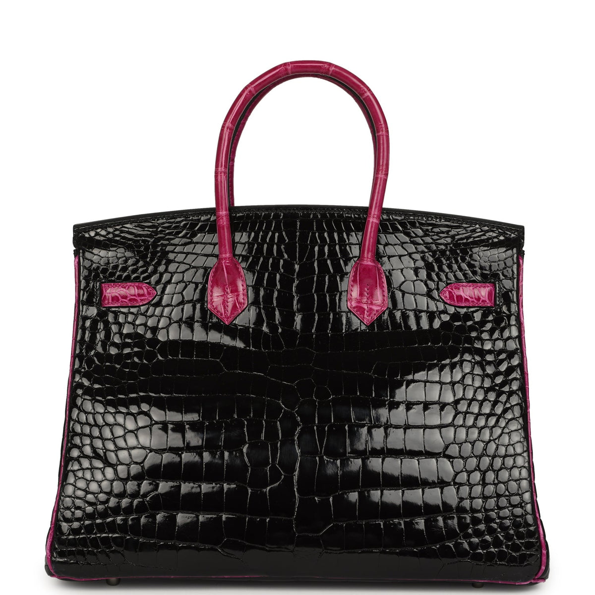 Hermes Birkin 35 Rose Pourpre and Black Shiny Porosus Crocodile Palladium Hardware
