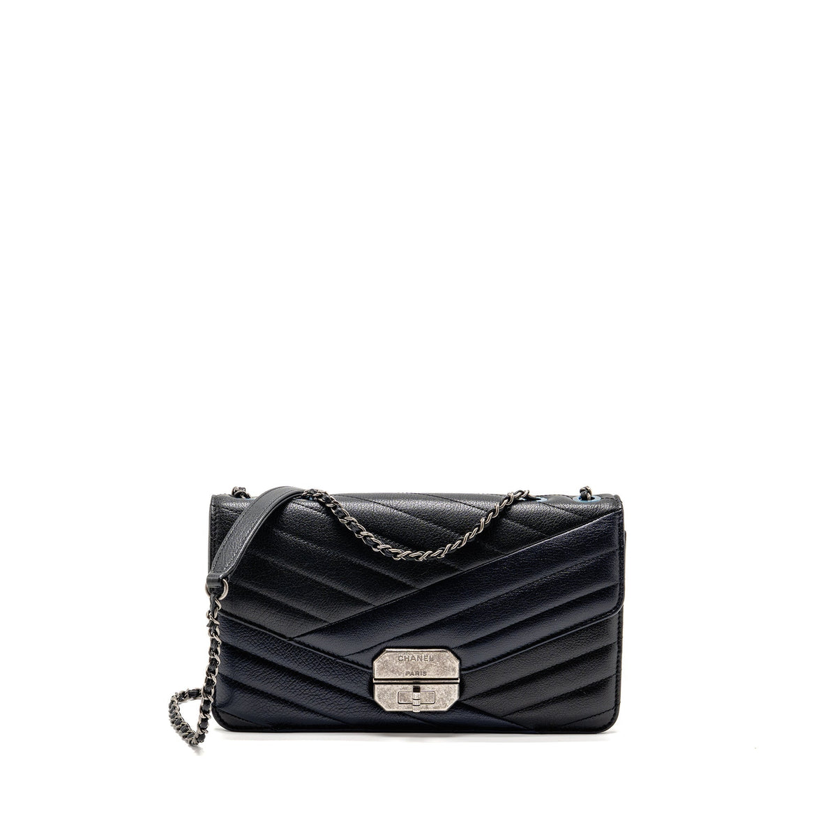chanel-envelop-metal-plate-flap-bag-chevron-calfskin-black-navy-ruthenium-silver-hardware-copy