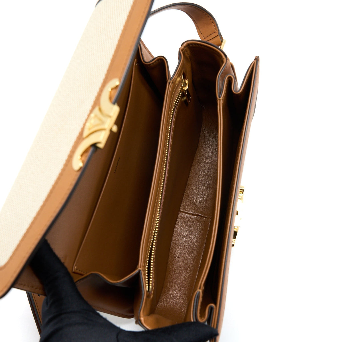 celine-triomphe-bag-textile-calfskin-white-tan-ghw
