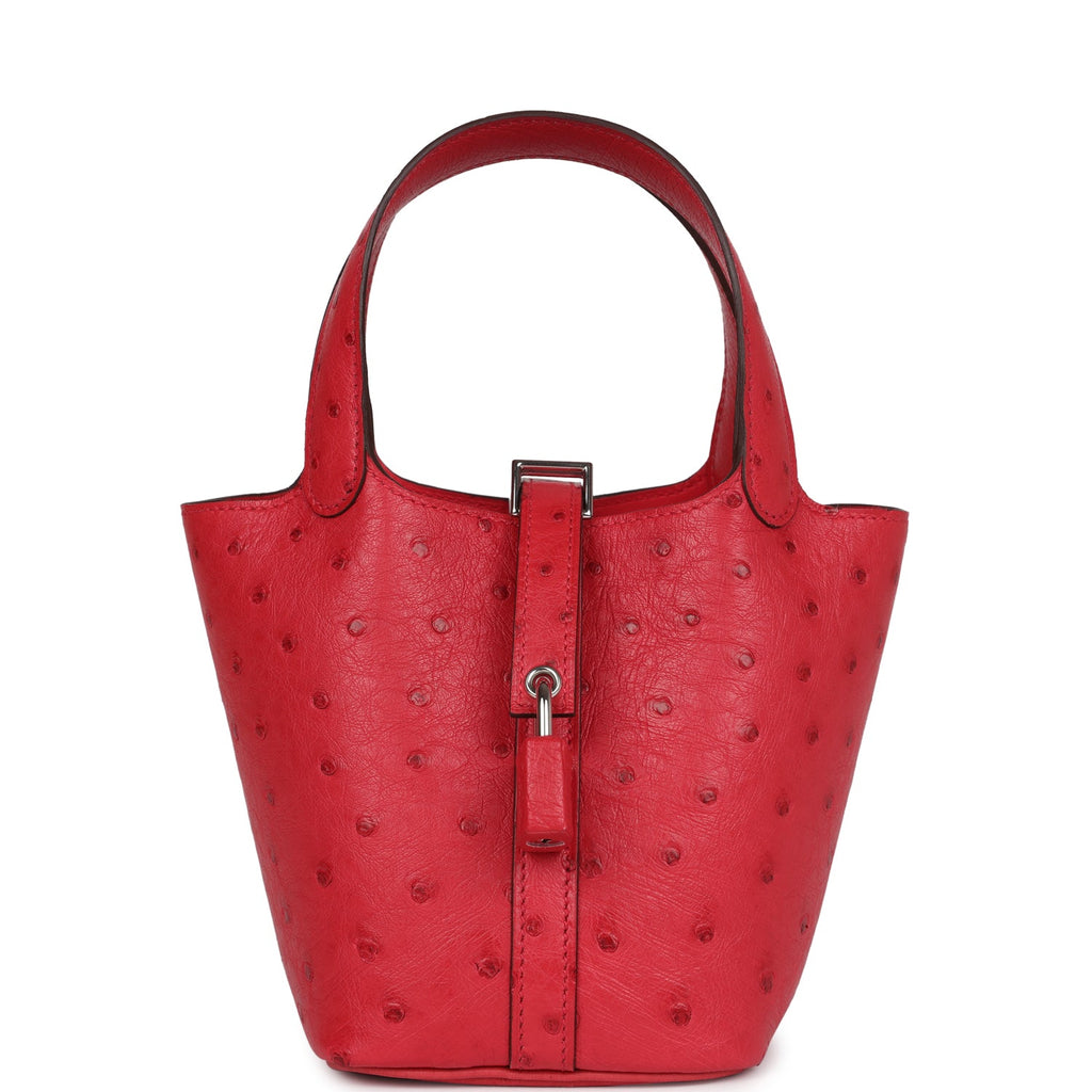 Micro Hermes Picotin Lock 14 Bougainvillea Ostrich Palladium Hardware Bag