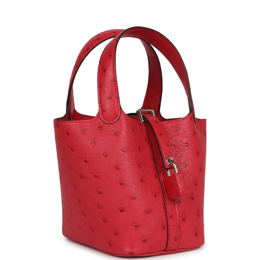 Micro Hermes Picotin Lock 14 Bougainvillea Ostrich Palladium Hardware Bag
