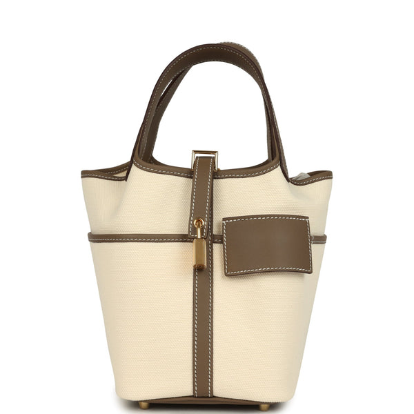 Hermes Picotin Cargo 18 Ecru Toile Canvas and Etoupe Swift Gold Hardware Bag
