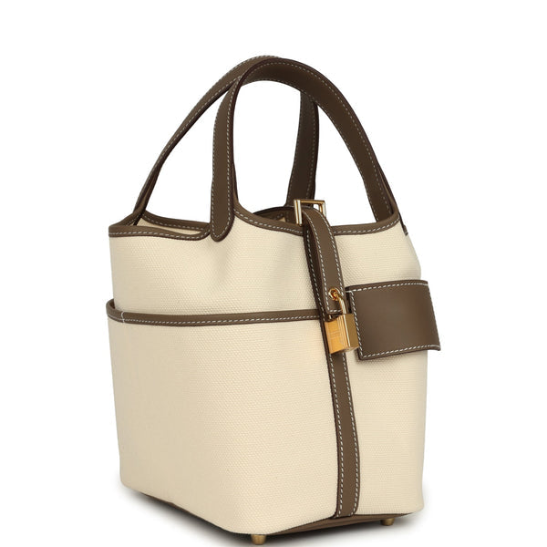 Hermes Picotin Cargo 18 Ecru Toile Canvas and Etoupe Swift Gold Hardware Bag