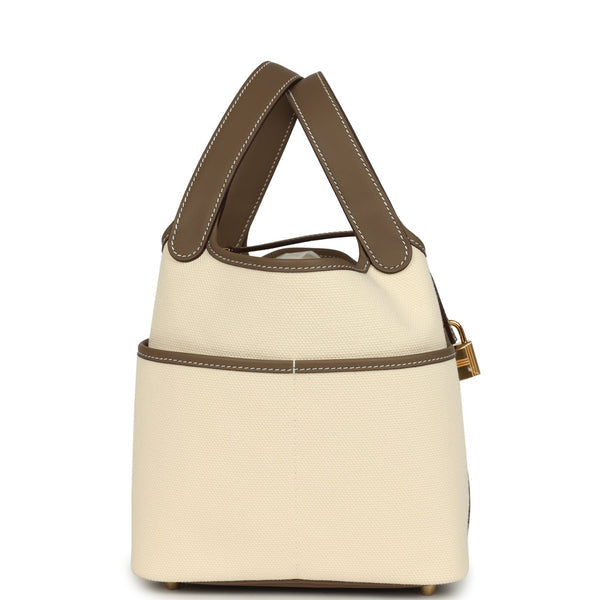 Hermes Picotin Cargo 18 Ecru Toile Canvas and Etoupe Swift Gold Hardware Bag