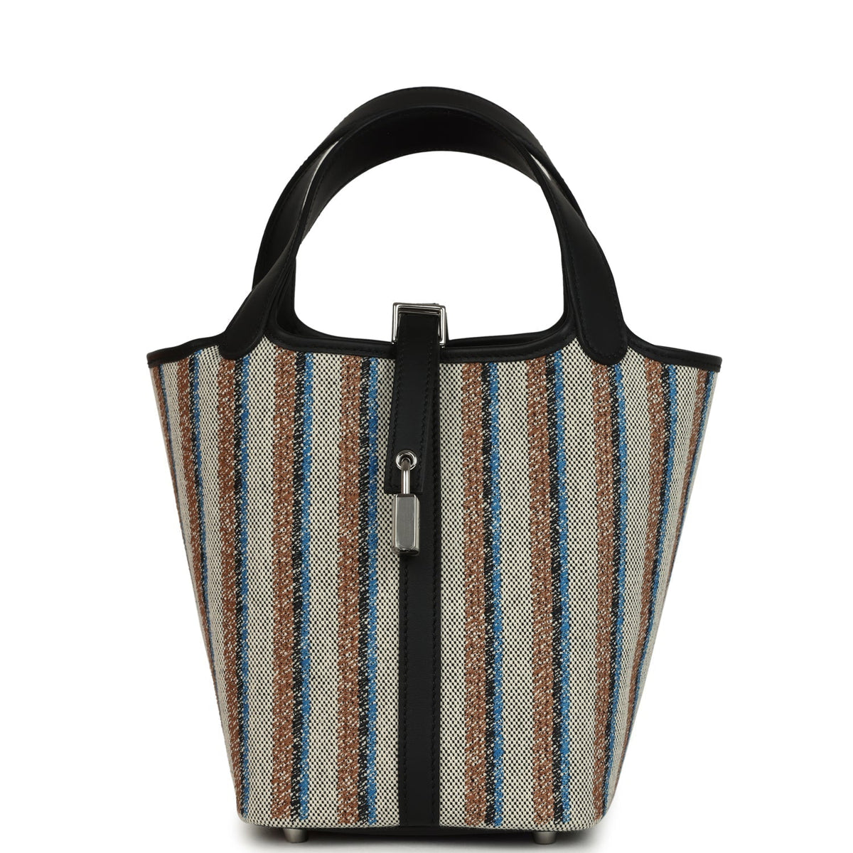 Stripe Hermes Picotin Lock 18 Black Swift and Ecru, Bleu, Black and Fauve Toile H Canvas Palladium Hardware  Bag