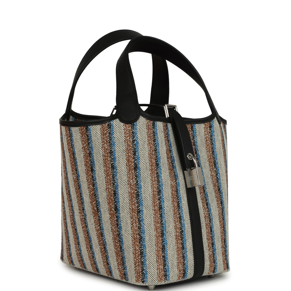 Stripe Hermes Picotin Lock 18 Black Swift and Ecru, Bleu, Black and Fauve Toile H Canvas Palladium Hardware  Bag