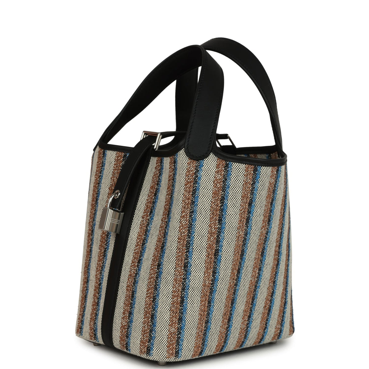 Stripe Hermes Picotin Lock 18 Black Swift and Ecru, Bleu, Black and Fauve Toile H Canvas Palladium Hardware  Bag