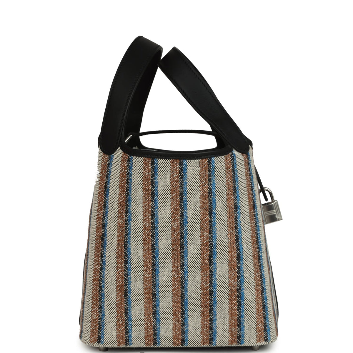 Stripe Hermes Picotin Lock 18 Black Swift and Ecru, Bleu, Black and Fauve Toile H Canvas Palladium Hardware  Bag