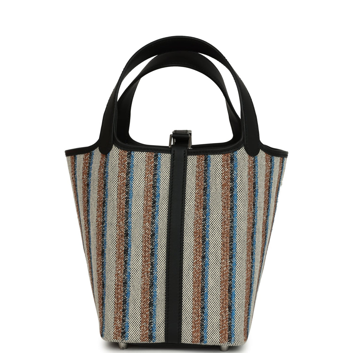 Stripe Hermes Picotin Lock 18 Black Swift and Ecru, Bleu, Black and Fauve Toile H Canvas Palladium Hardware  Bag