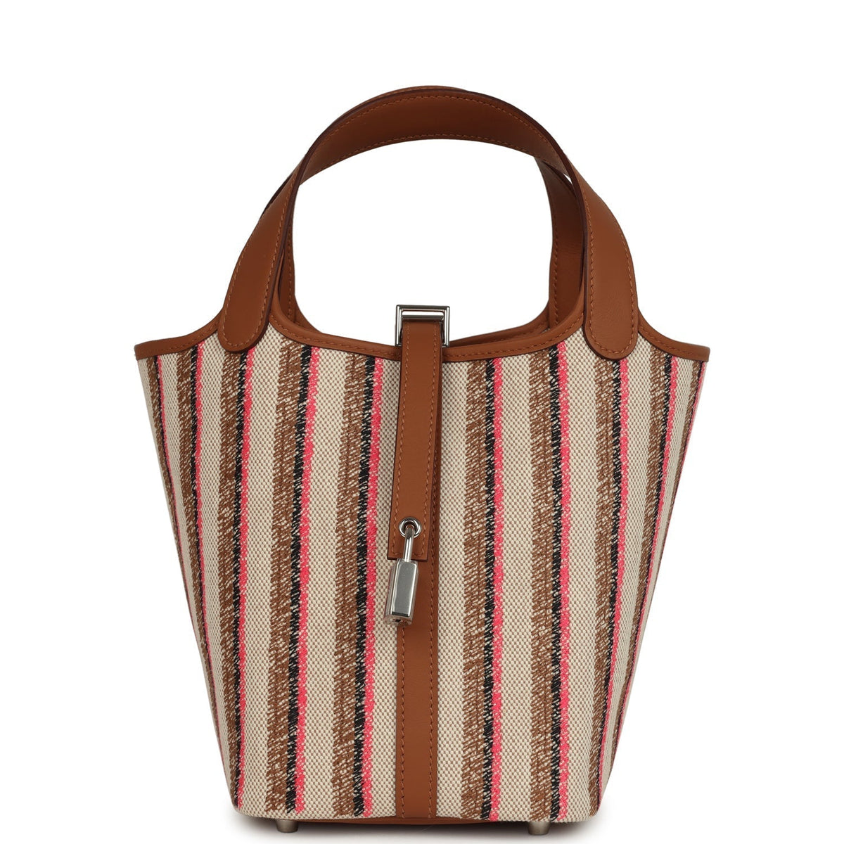 Stripe Hermes Picotin Lock 18 Gold Swift and Ecru-Beige, Rose Pop, Black and Fauve Toile H Canvas Palladium Hardware Bag