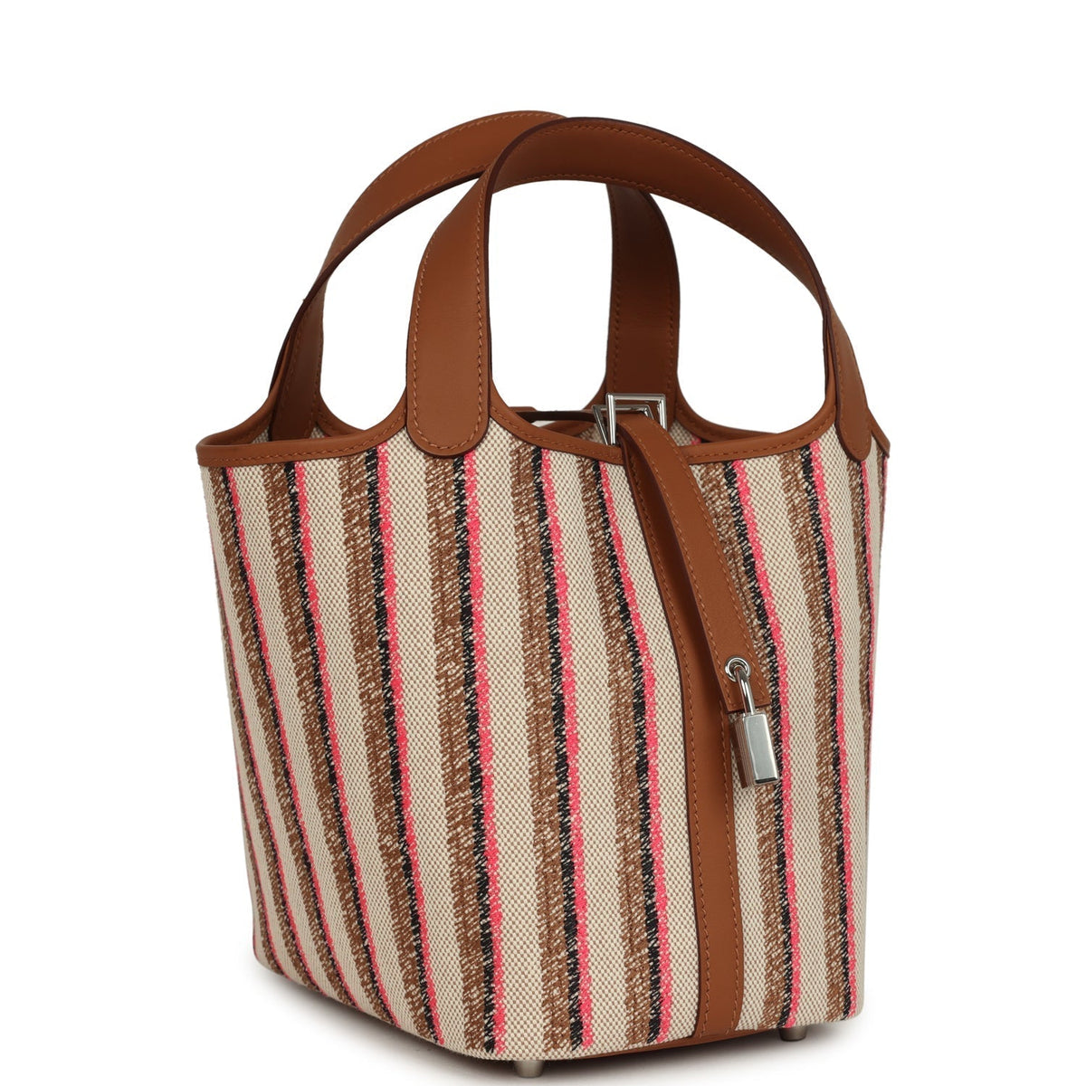 Stripe Hermes Picotin Lock 18 Gold Swift and Ecru-Beige, Rose Pop, Black and Fauve Toile H Canvas Palladium Hardware Bag