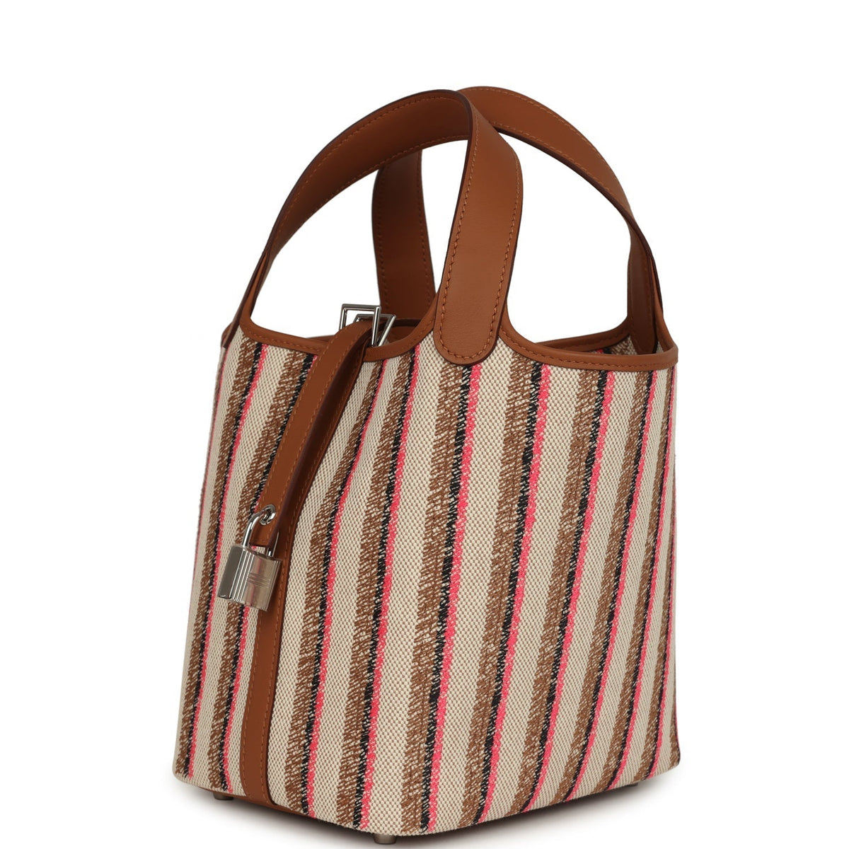 Stripe Hermes Picotin Lock 18 Gold Swift and Ecru-Beige, Rose Pop, Black and Fauve Toile H Canvas Palladium Hardware Bag
