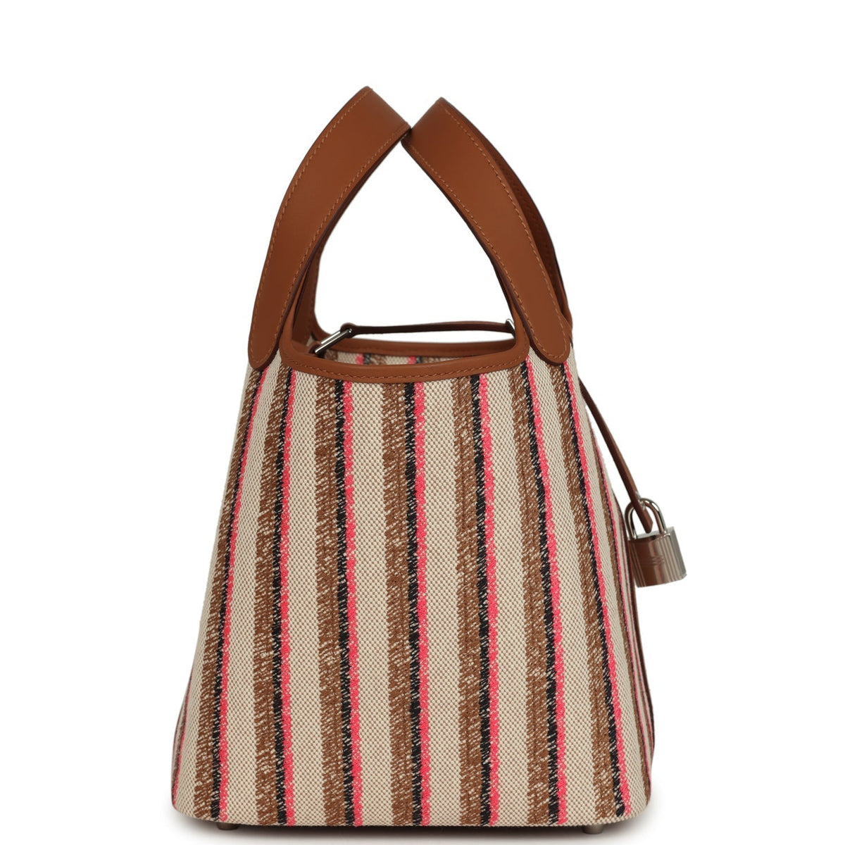 Stripe Hermes Picotin Lock 18 Gold Swift and Ecru-Beige, Rose Pop, Black and Fauve Toile H Canvas Palladium Hardware Bag