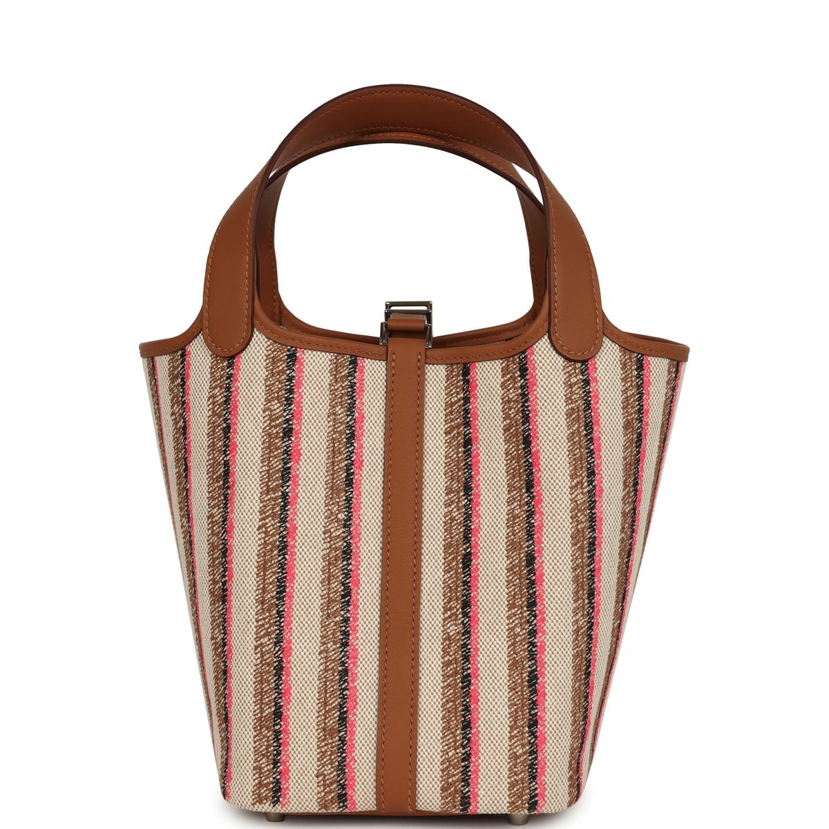 Stripe Hermes Picotin Lock 18 Gold Swift and Ecru-Beige, Rose Pop, Black and Fauve Toile H Canvas Palladium Hardware Bag